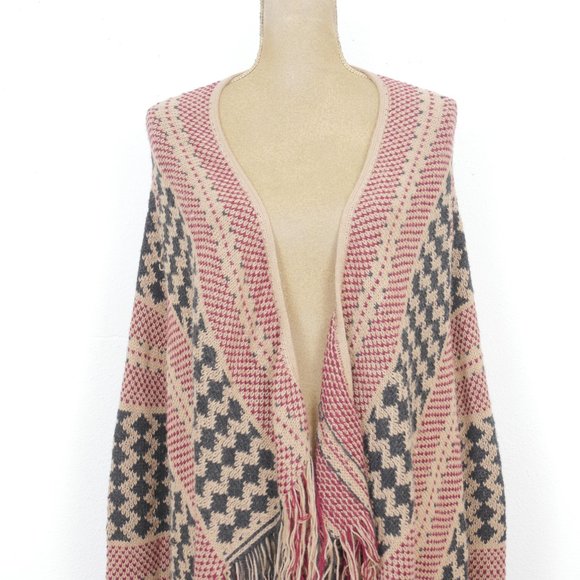 Full Tilt Tan Black Red Boho Print Fringe Uneven Hem Soft Size Small Cardigan - Picture 2 of 13